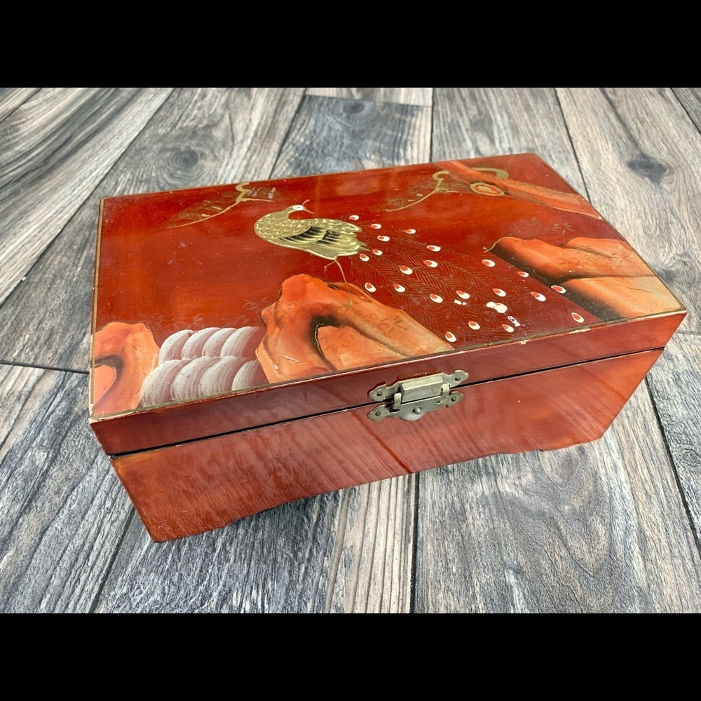 Vintage Musical Jewelry Box Hand Painted Peacock